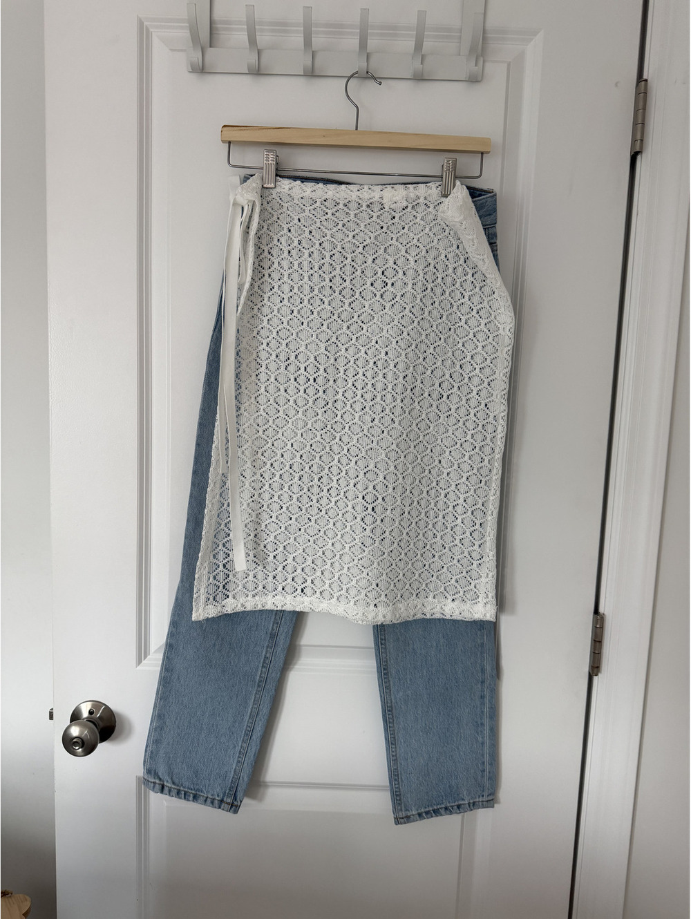 White Lace Midi Skirt with Side Tie Detail (Jeans not included)